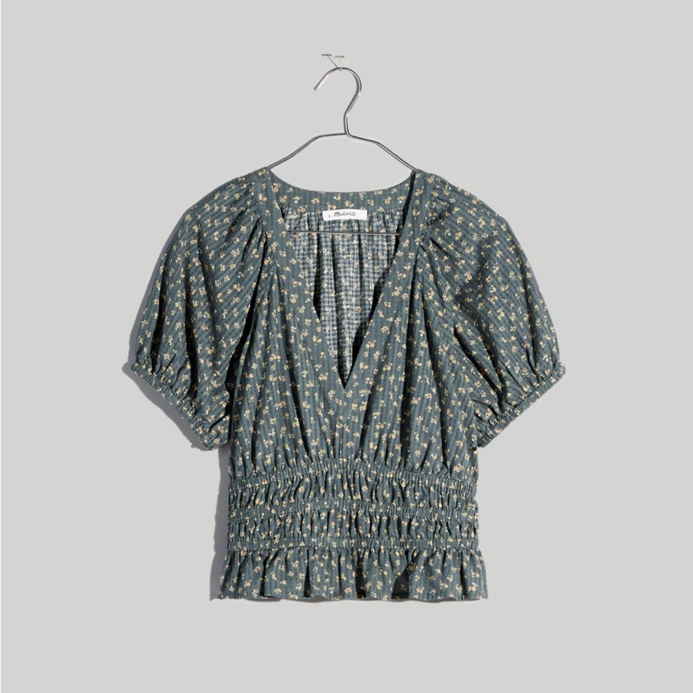 Madewell Poplin Puff-Sleeve Smocked Crop Top in Bitsy Bouquet